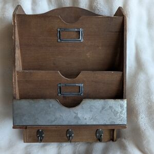 Rustic Farmhouse Wall Mail Organizer w/ Hooks – Wood & Galvanized Metal